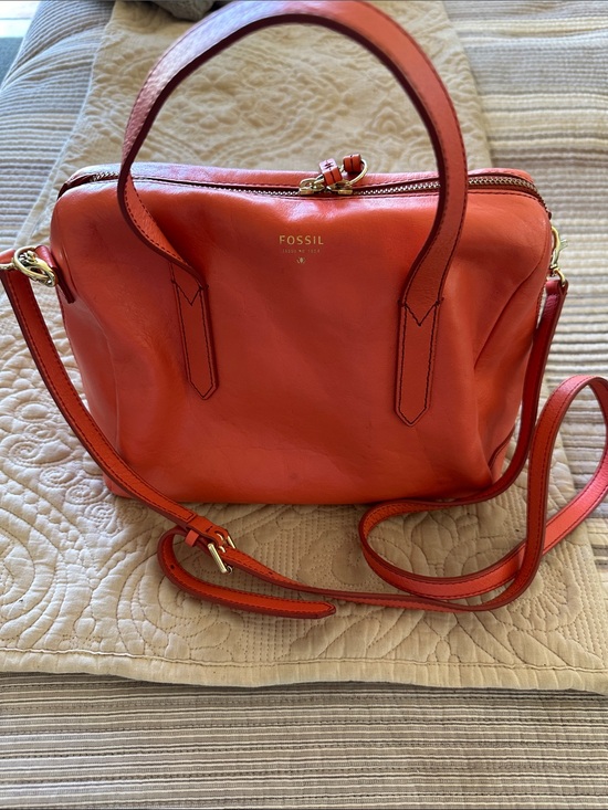 Fossil Handbags - Fossil Coral-Orange Leather Satchel with Crossbody Strap